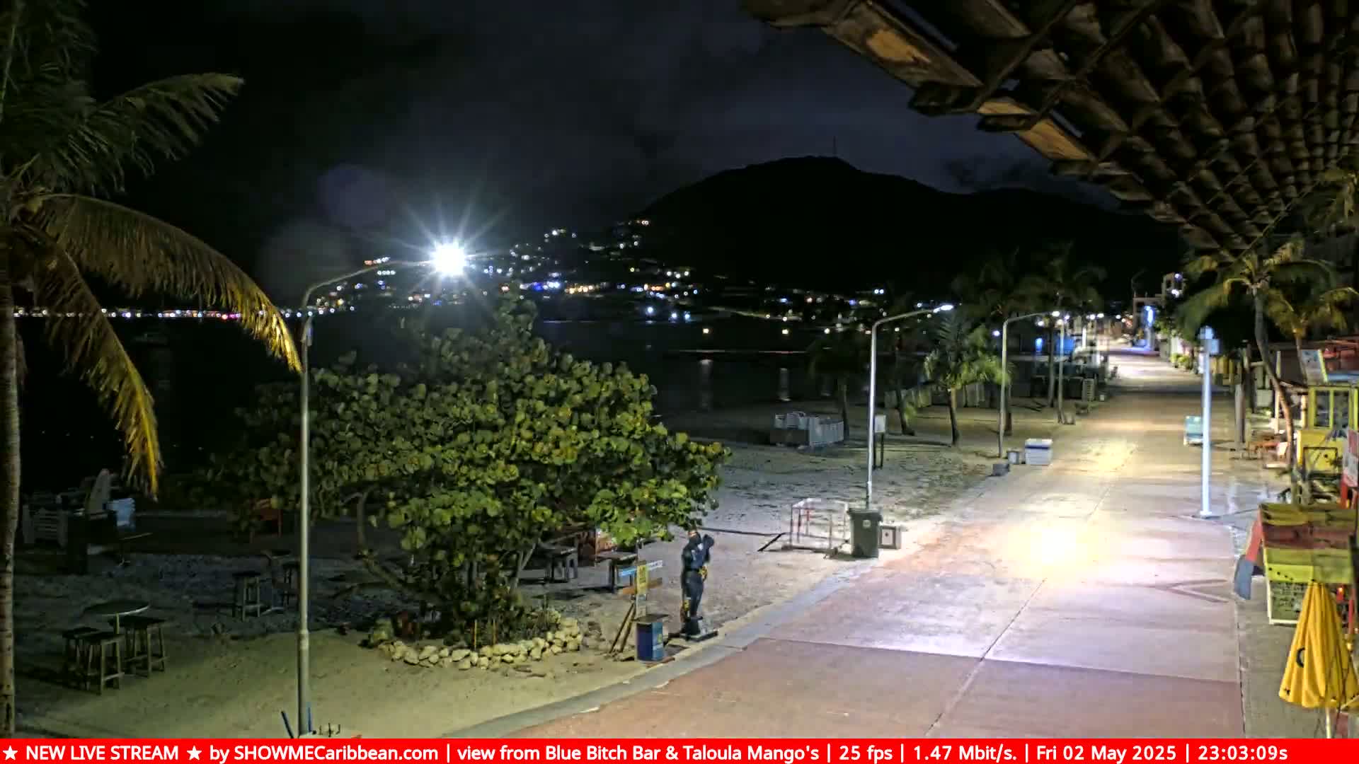 A nighttime beachside boardwalk, lit by streetlights, stretches towards a hill silhouetted against a dark sky.