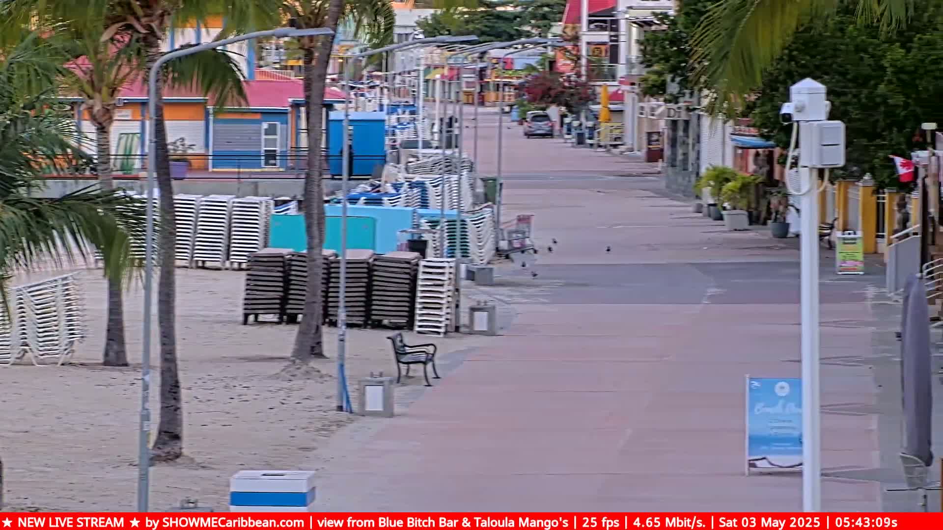 A beach boardwalk, lined with stacked beach chairs and palm trees, stretches toward colorful buildings under a cloudy sky.