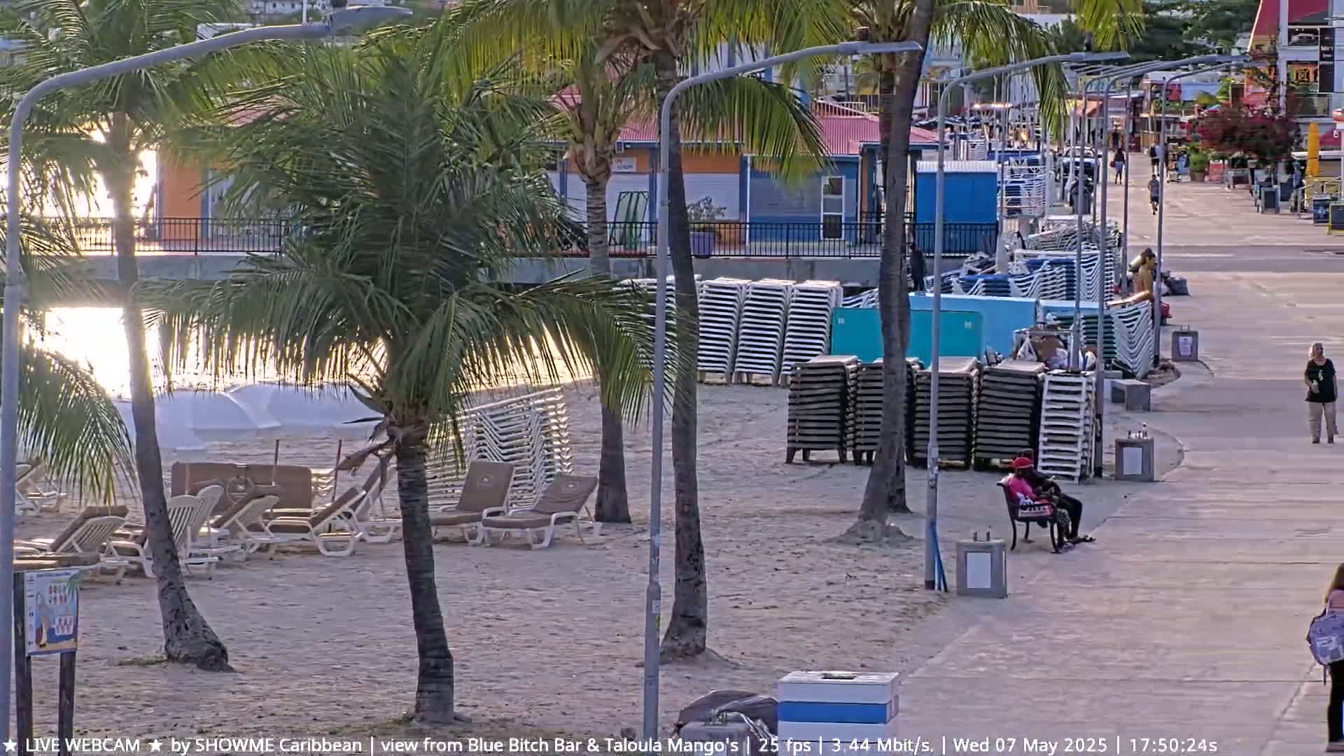 A sandy beach with lounge chairs, palm trees, and a boardwalk is bathed in the golden light of sunset.