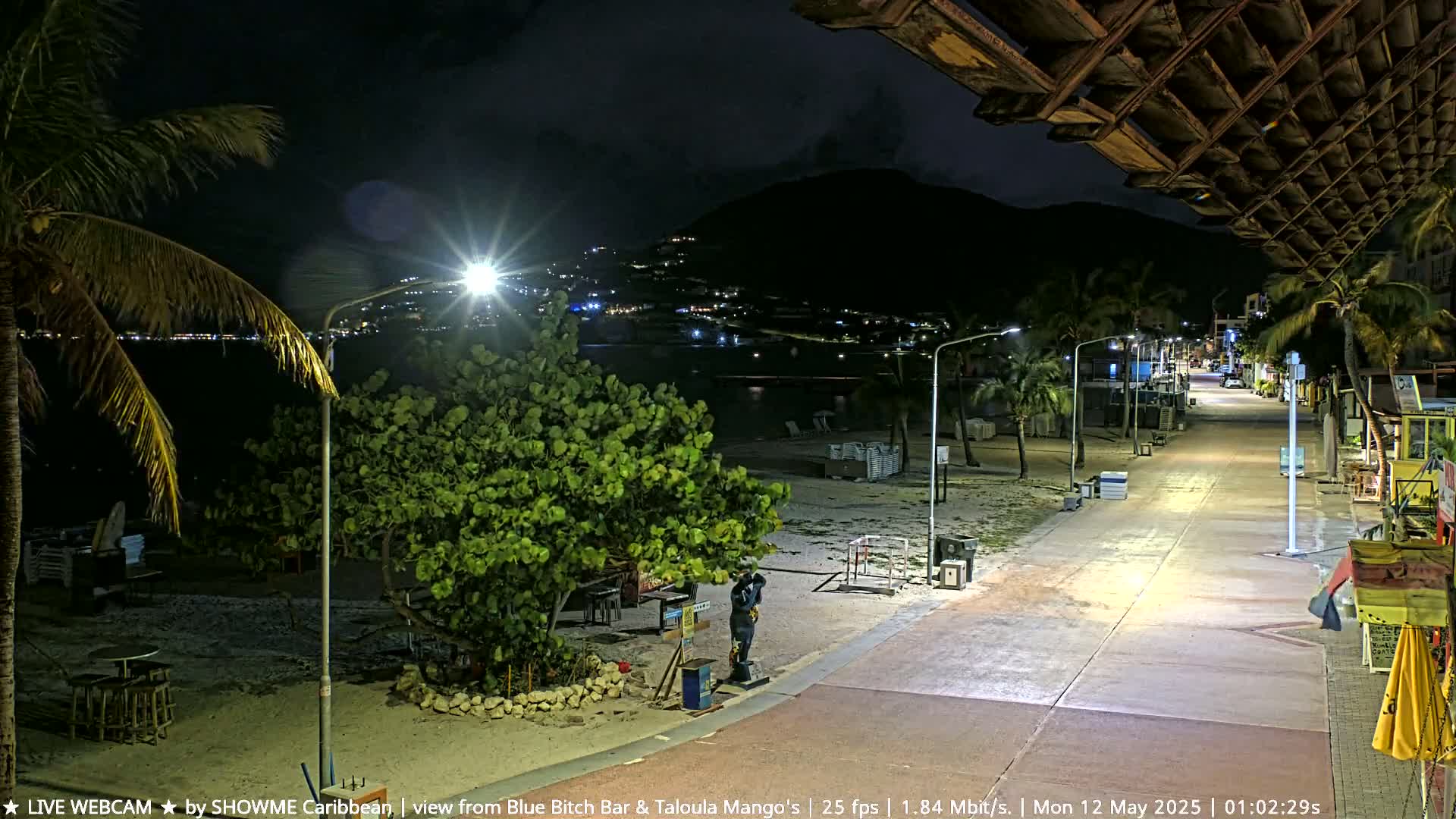 A nighttime beachside boardwalk scene with palm trees, streetlights, and a few people, under a partly cloudy sky.