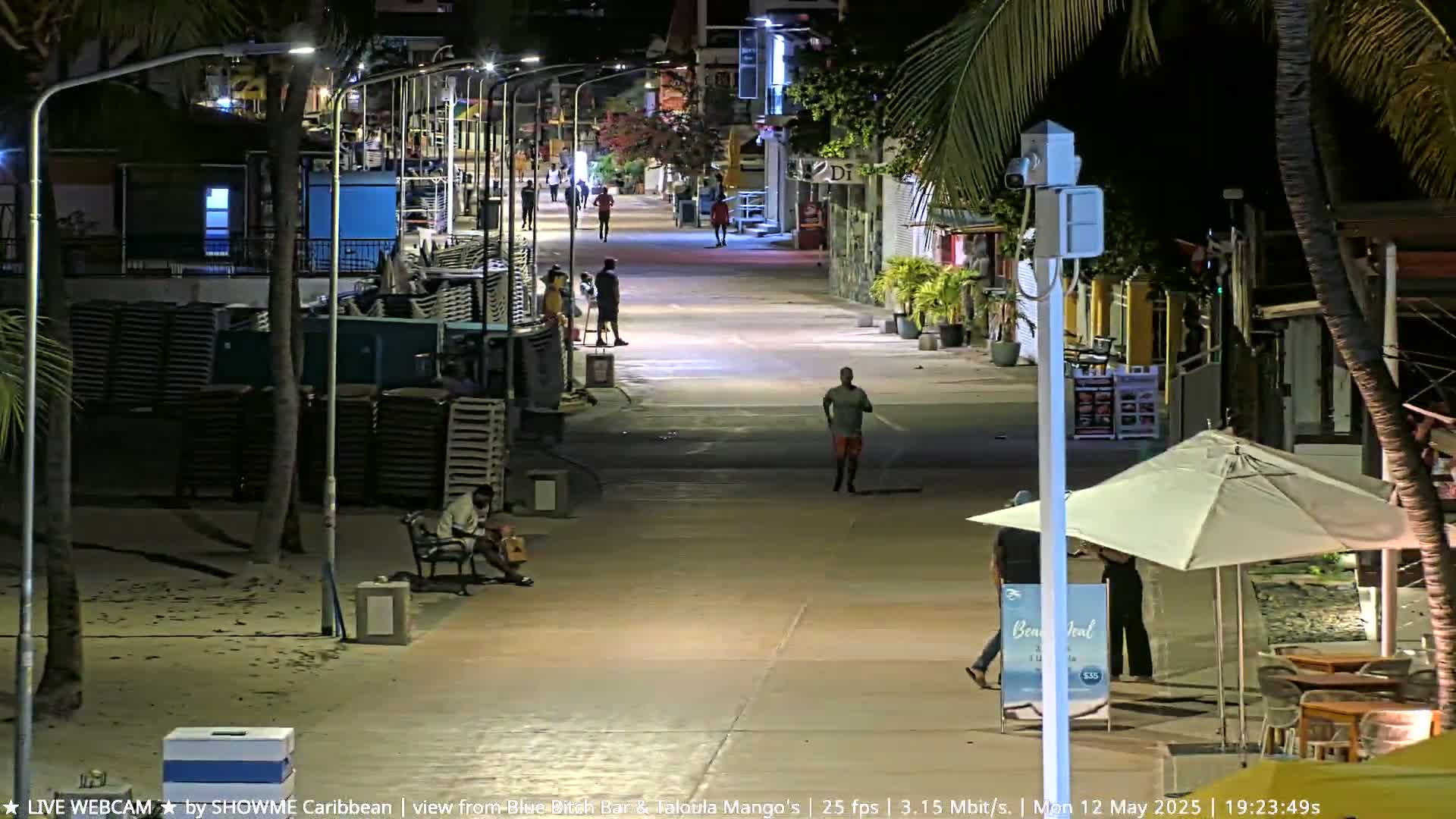 A mostly empty, nighttime boardwalk lined with palm trees and buildings, with a few people walking and sitting.