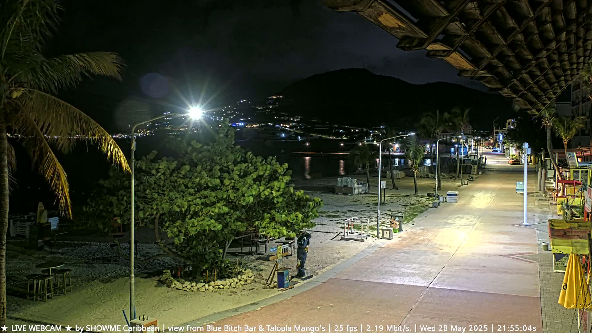 A nighttime view of a mostly empty beachside boardwalk, lit by streetlights, with a palm tree and a hill with lights in the background under a clear sky.