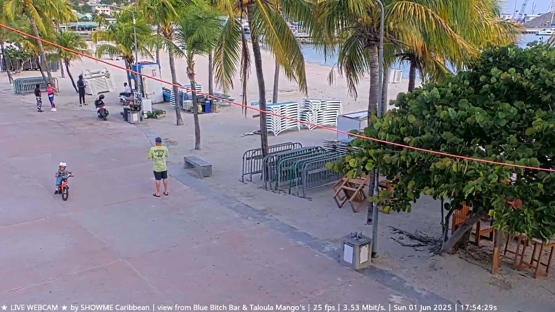 A child rides a bicycle on a paved walkway near a beach with palm trees, beach chairs, and several people standing around.
