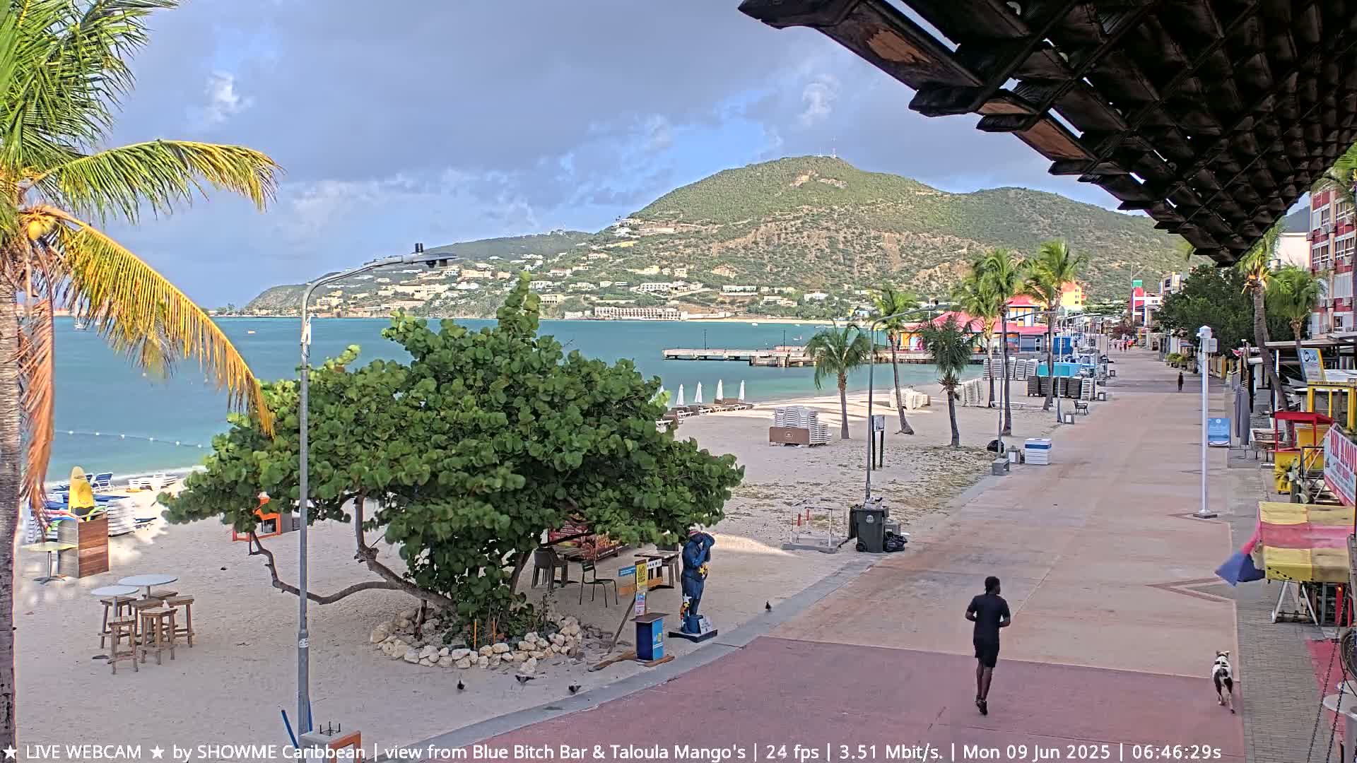 A partly cloudy day shows a beach with lounge chairs, palm trees, and a boardwalk leading to buildings and a hill overlooking calm turquoise water.