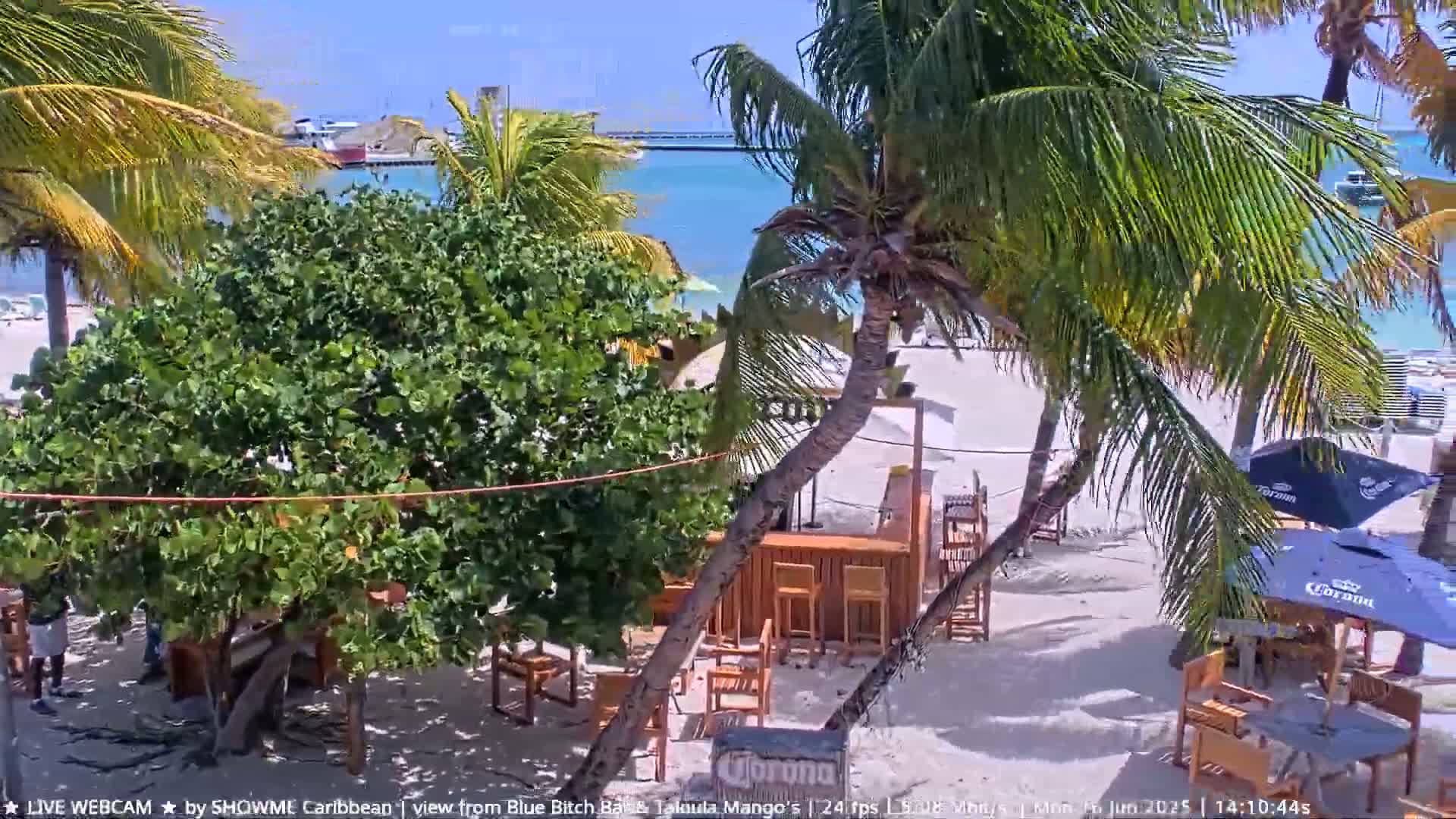 A beach bar with wooden furniture and palm trees sits on a sandy beach next to calm, turquoise water under a sunny sky.