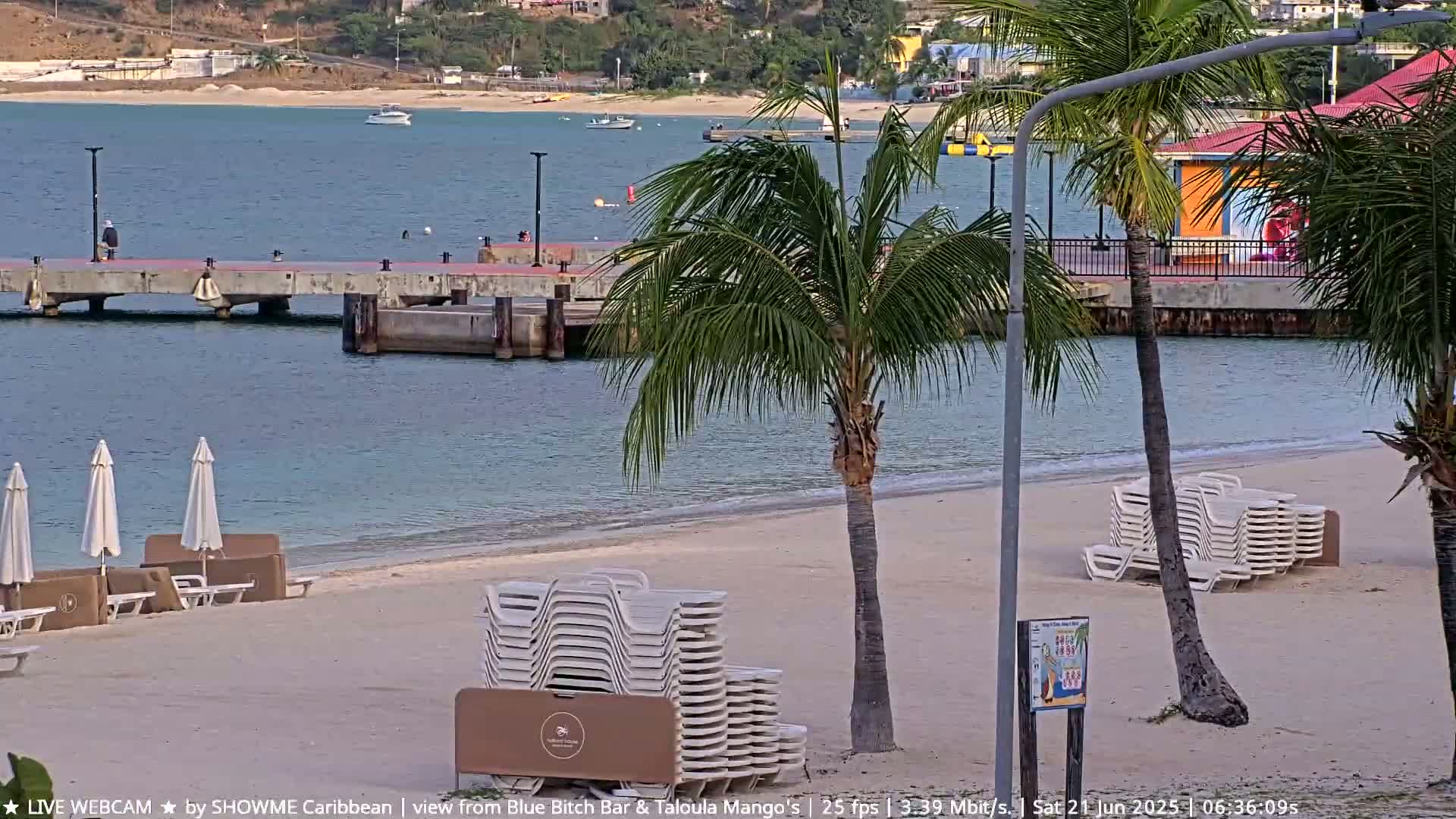 A sandy beach with lounge chairs, palm trees, and a pier extends into calm, blue water under a partly cloudy sky.