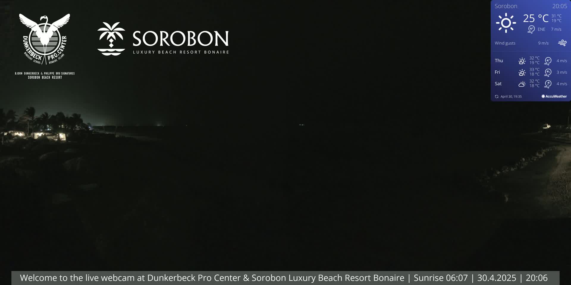 A dark nighttime beach scene is visible, showing some lights from buildings in the distance.
