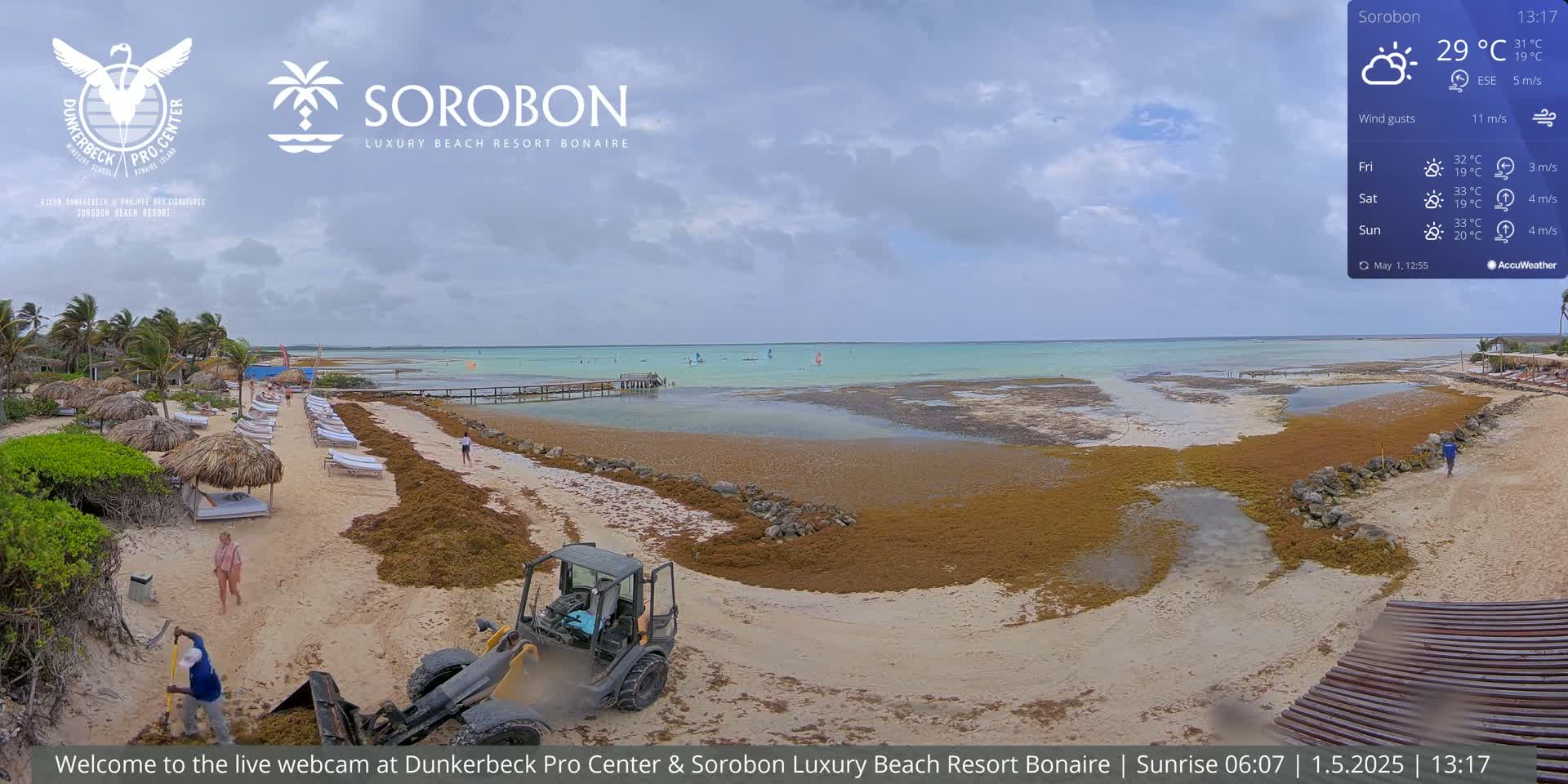 A beach with seaweed and lounge chairs is being cleaned by a small bulldozer under an overcast sky.
