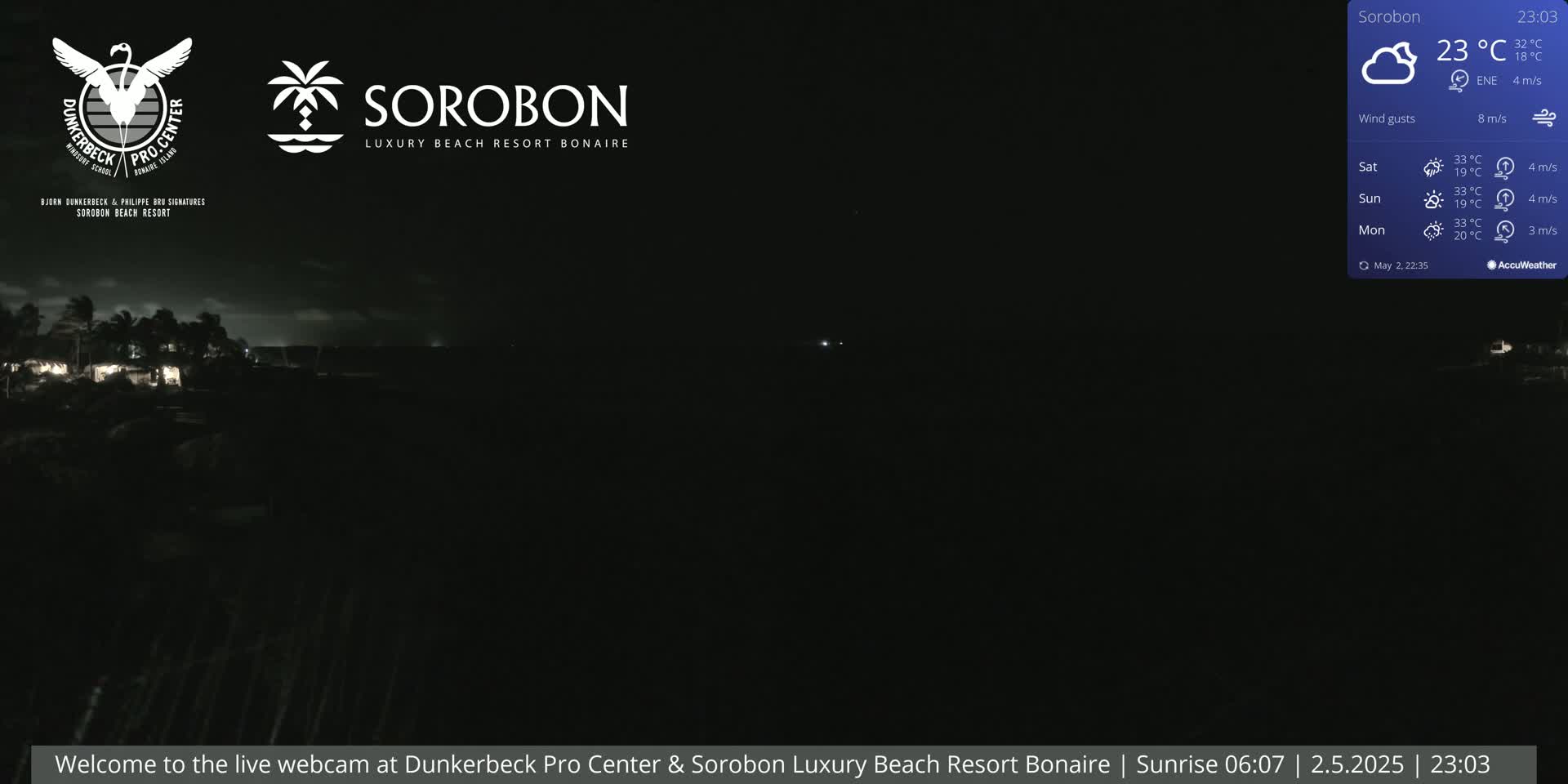 A nighttime, mostly dark outdoor scene shows a few distant lights and a cloudy sky.