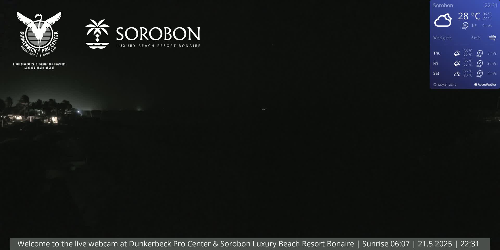A nighttime, dark scene shows a few distant lights near a coastline under a partly cloudy sky with a northeast wind.