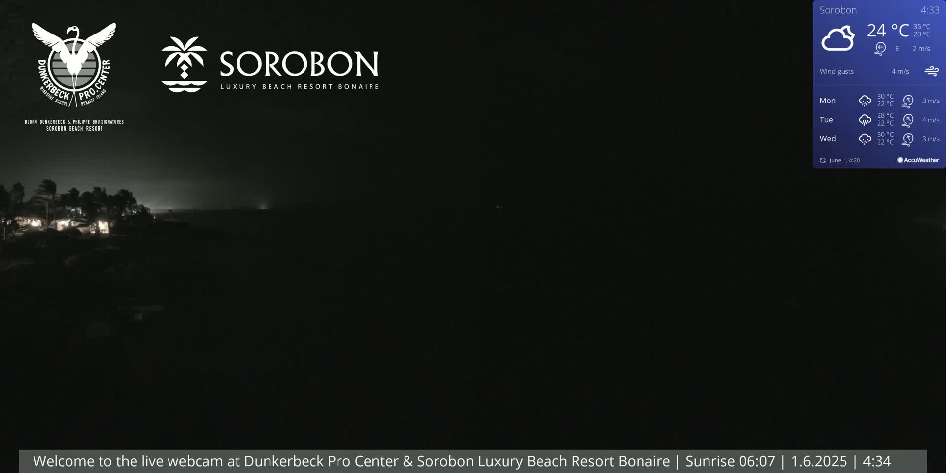 A nighttime, dark view of a beach with some lights visible in the distance under cloudy conditions.