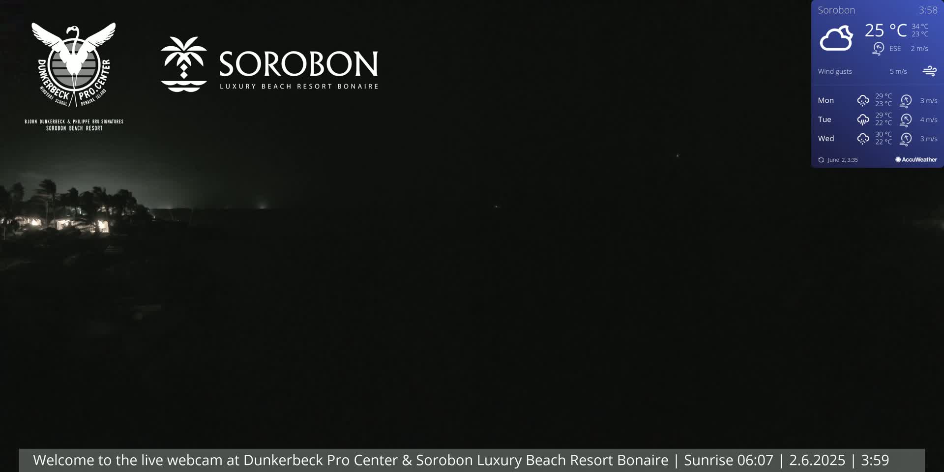A nighttime, dark view of a resort area with a few lights visible, under cloudy skies with a 5 m/s wind gust.