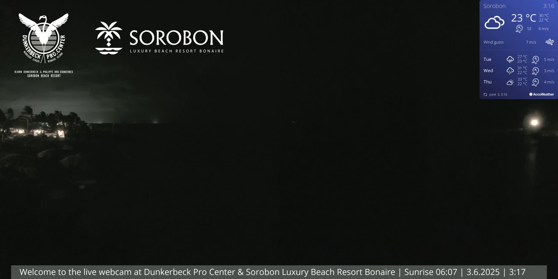 A nighttime view of a dark beach with some lights visible in the distance under a partly cloudy sky.
