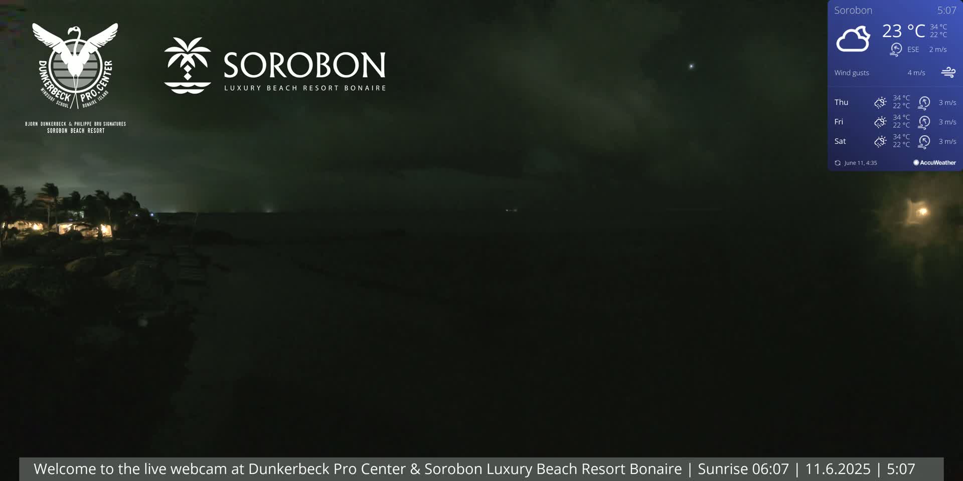 A nighttime coastal scene with a dark, cloudy sky and faint lights visible near the shoreline under windy conditions.