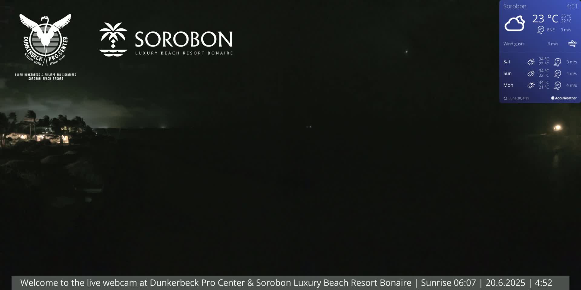 A nighttime, dark view of a resort area with some lights visible, under partly cloudy skies with a wind gust of 6 m/s.