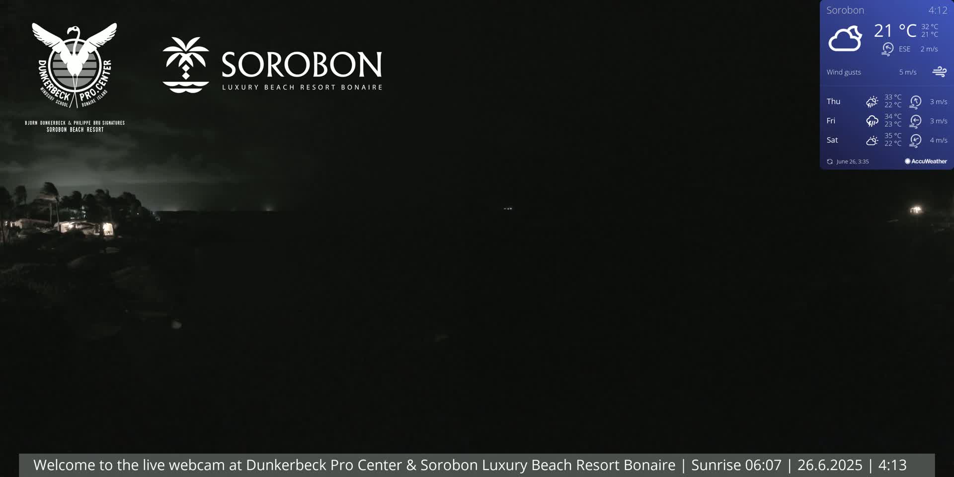 A dark, nighttime coastal scene shows a few lights in the distance under a cloudy sky with a light wind.