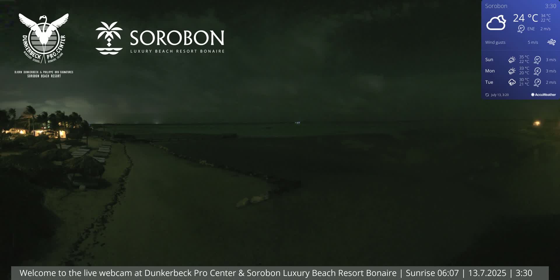 A dark, nighttime beach scene shows a mostly empty sandy shore with a few lights visible in the distance under windy conditions.