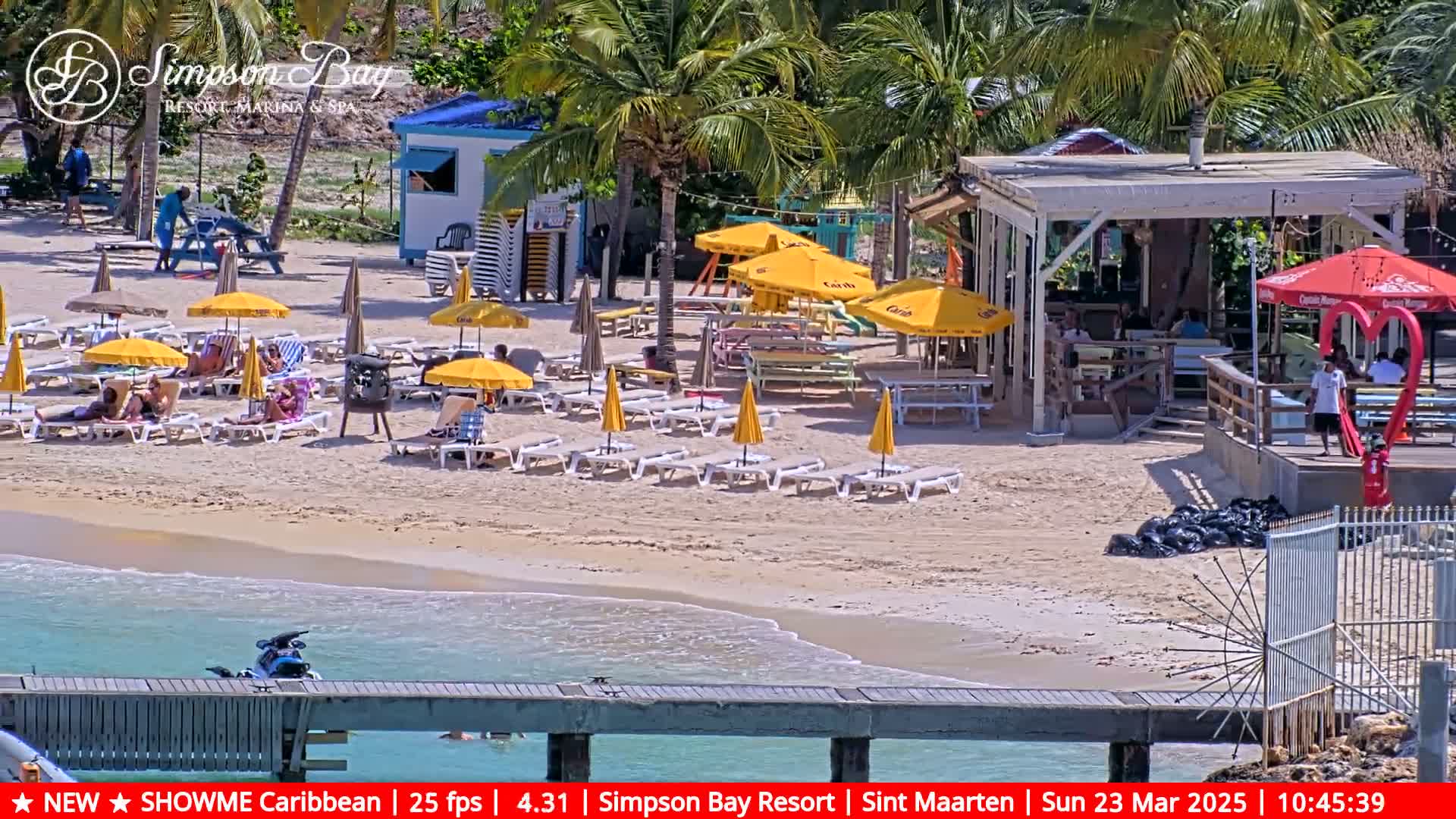 A sunny beach scene shows a sandy shoreline with numerous yellow umbrellas, lounge chairs, and a beachfront bar and restaurant, with a calm ocean and a small dock visible in the foreground.