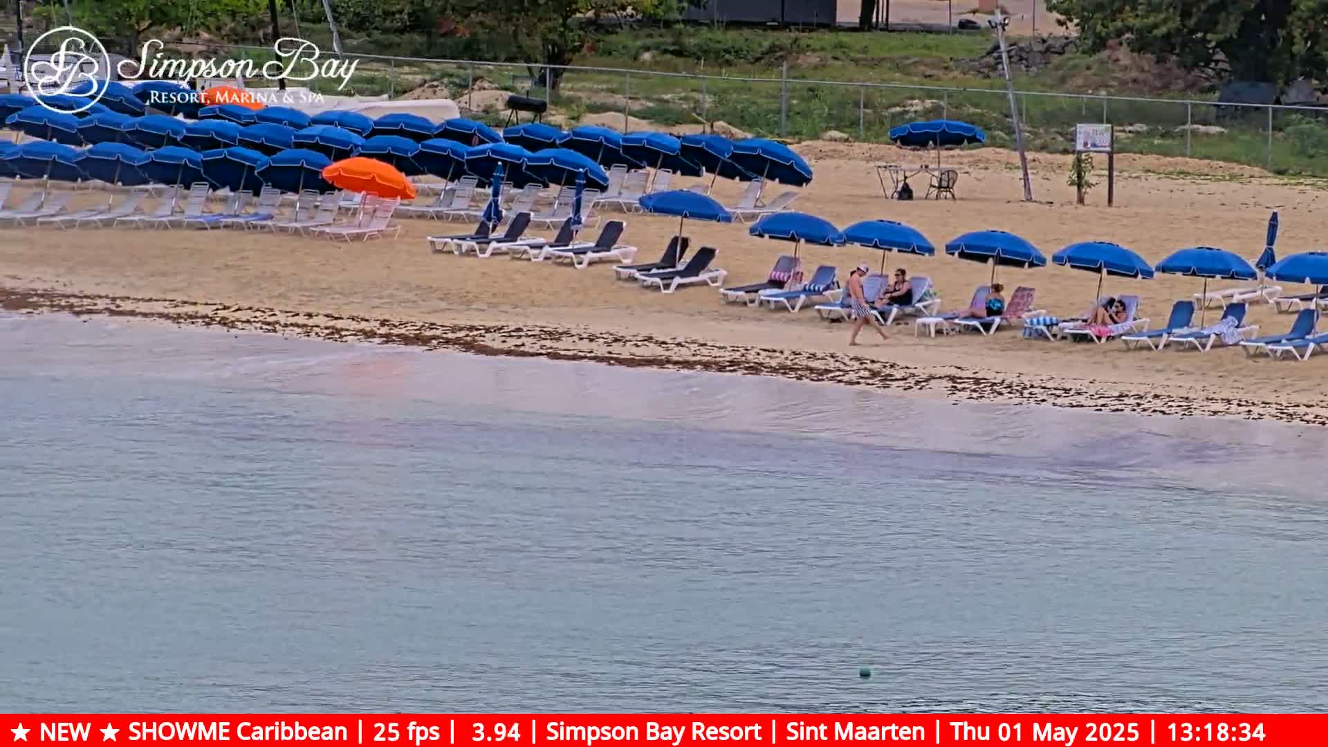 A sandy beach with numerous blue and one orange beach umbrellas, lounge chairs, and a few people relaxing near calm, shallow turquoise water.