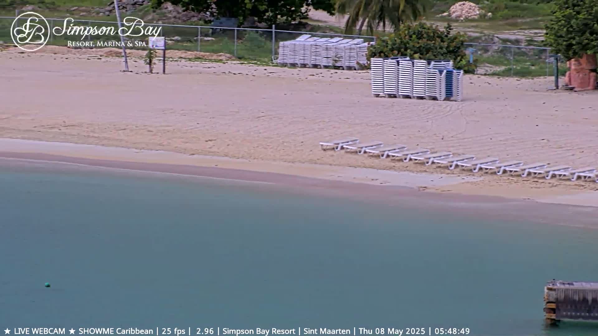 A sandy beach with numerous lounge chairs and calm, teal water.