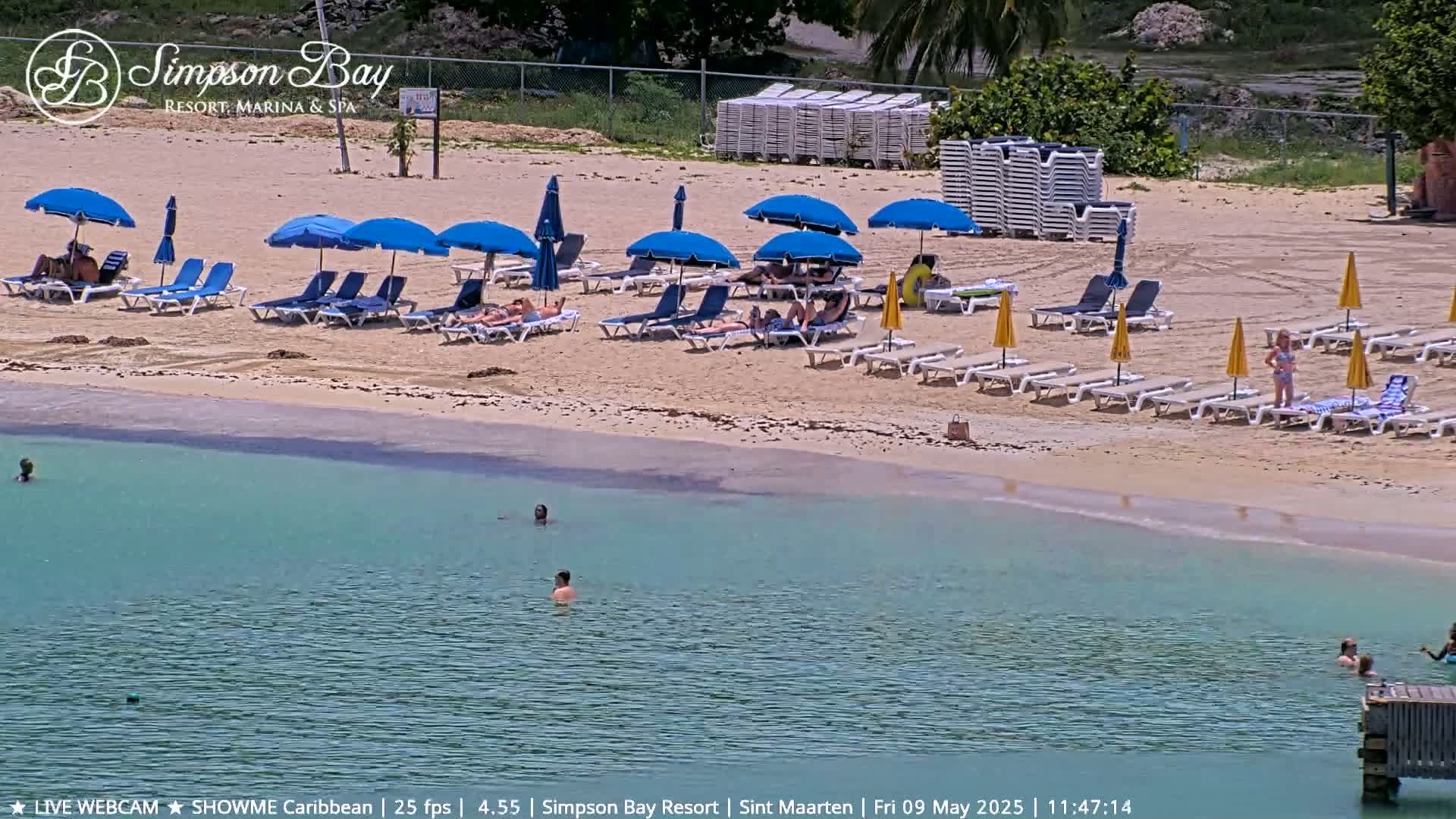 A sandy beach with blue and yellow umbrellas, lounge chairs, and several people sunbathing and swimming in calm, shallow turquoise water on a sunny day.