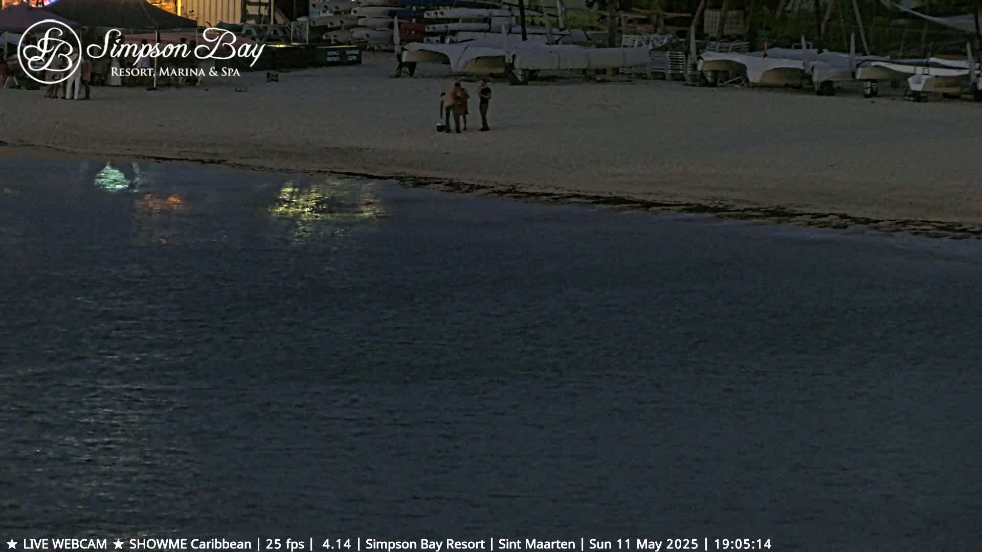 Several people stand on a sandy beach at dusk near numerous small boats, as calm dark water laps the shore.