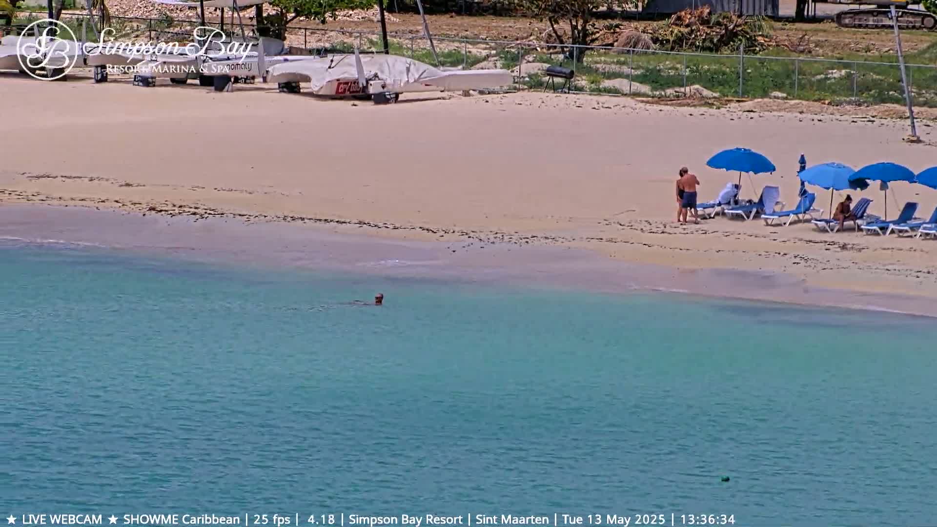 A sandy beach with calm, turquoise water has several people relaxing under blue umbrellas and one person swimming.