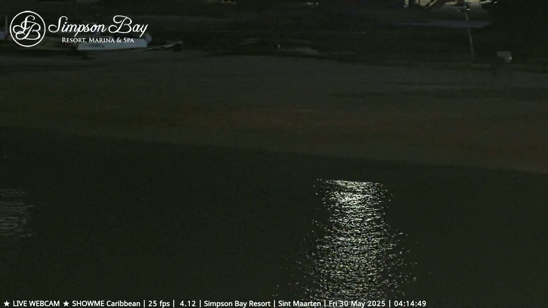 A dark, moonlit body of water reflects the light near a dimly lit shoreline at night.