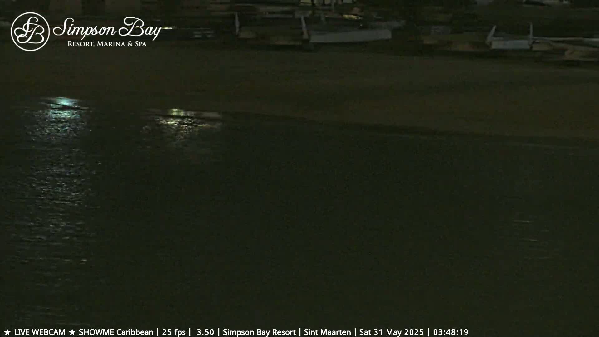 At night, dark water reflects light near a dark shoreline with several boats visible in the background.
