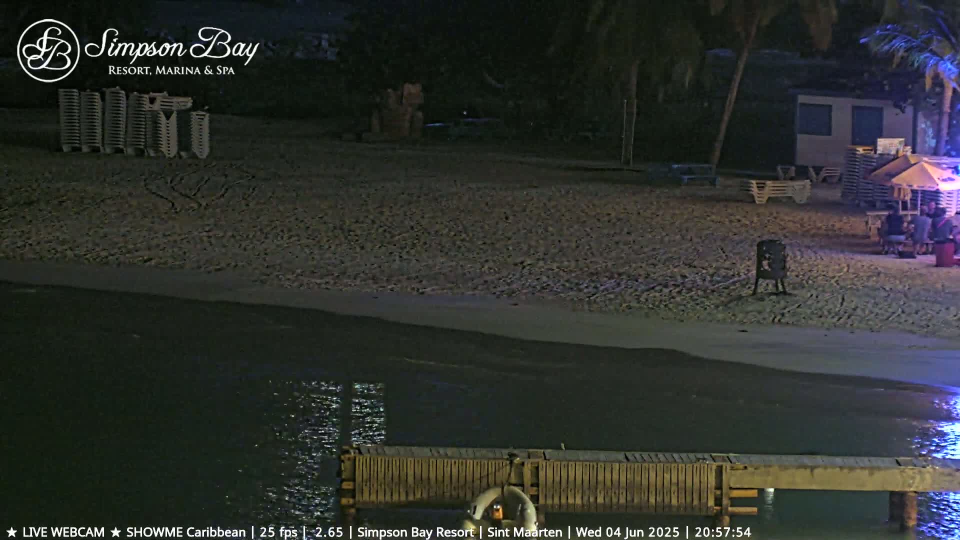 A dark, nighttime beach scene shows a sandy shore with some beach furniture and a small group of people near a building; a dark body of water is in the foreground with a wooden dock.