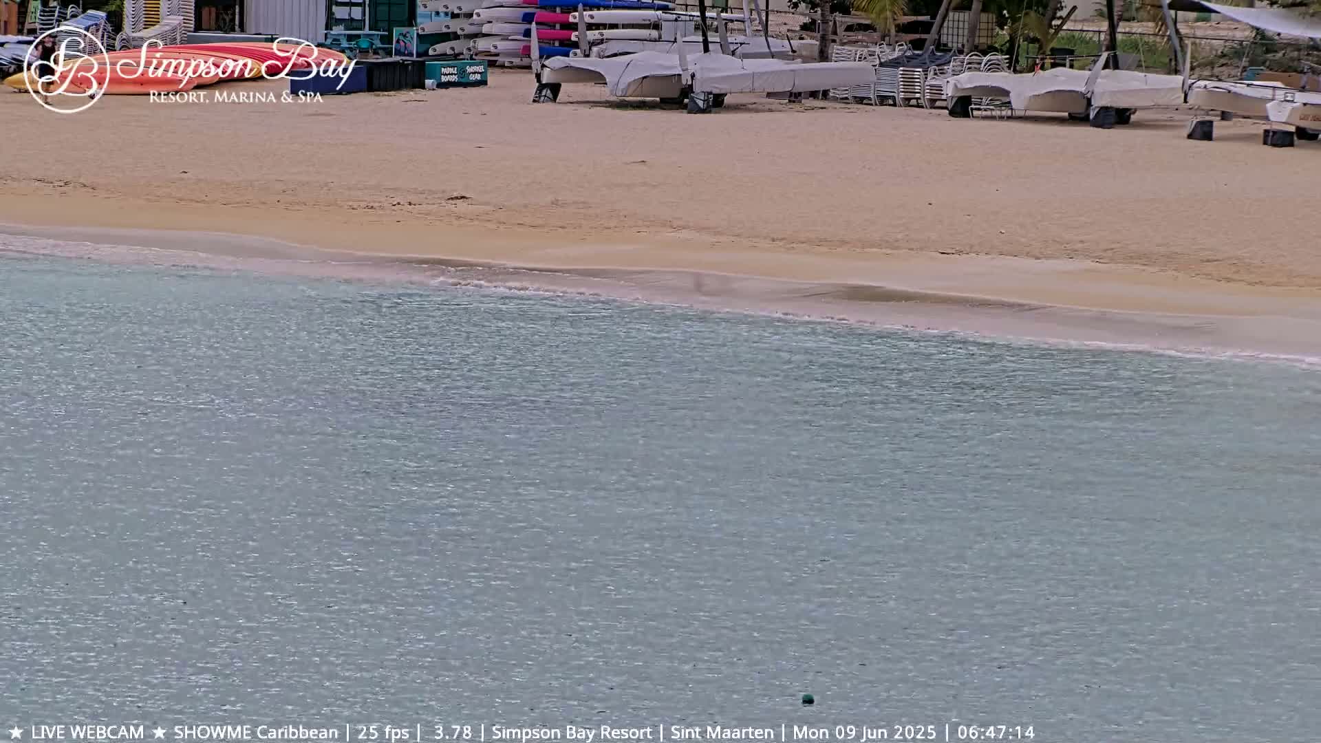 Several sailboats and kayaks are beached on a sandy shore next to calm, light-blue water.