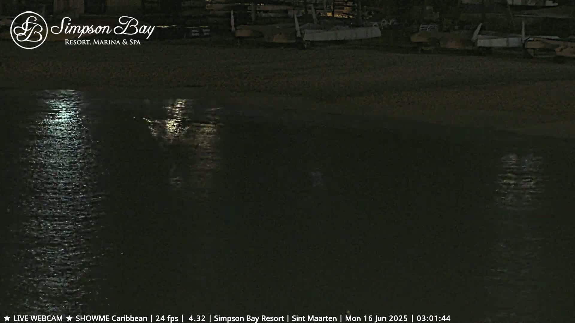 A moonlit, dark body of water laps a sandy shore at night, where several boats are moored.