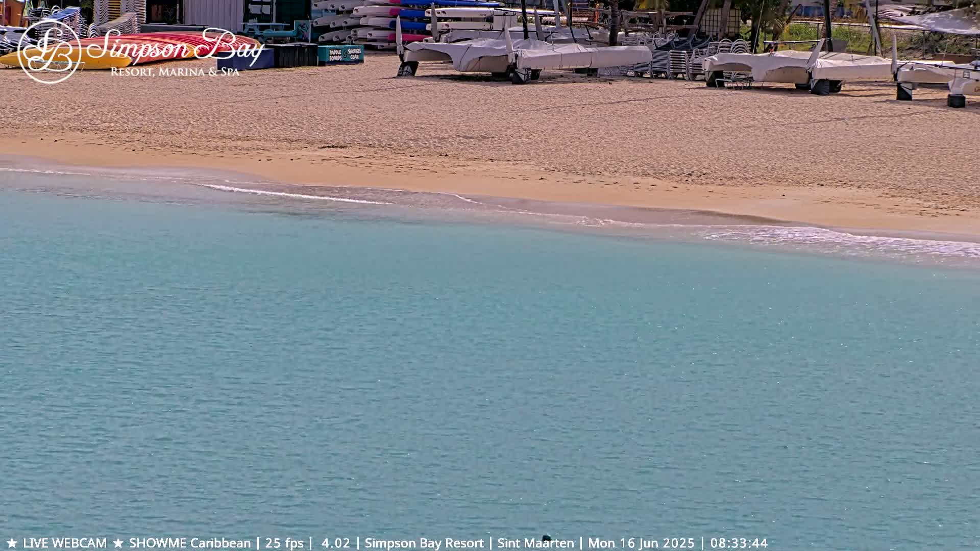 A sandy beach with calm, light-blue water meets several sailboats and kayaks pulled ashore.
