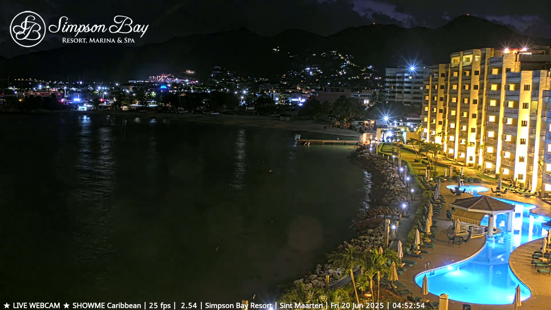 A brightly lit resort with a swimming pool overlooks a dark, calm bay at night, with a city and hills faintly visible in the distance under a clear sky.