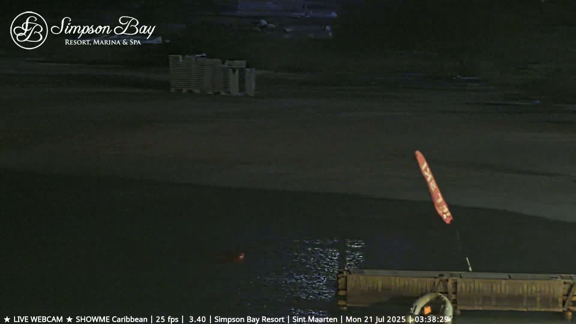 A dark, nighttime view of a calm body of water next to a dock, with a single red flag visible.