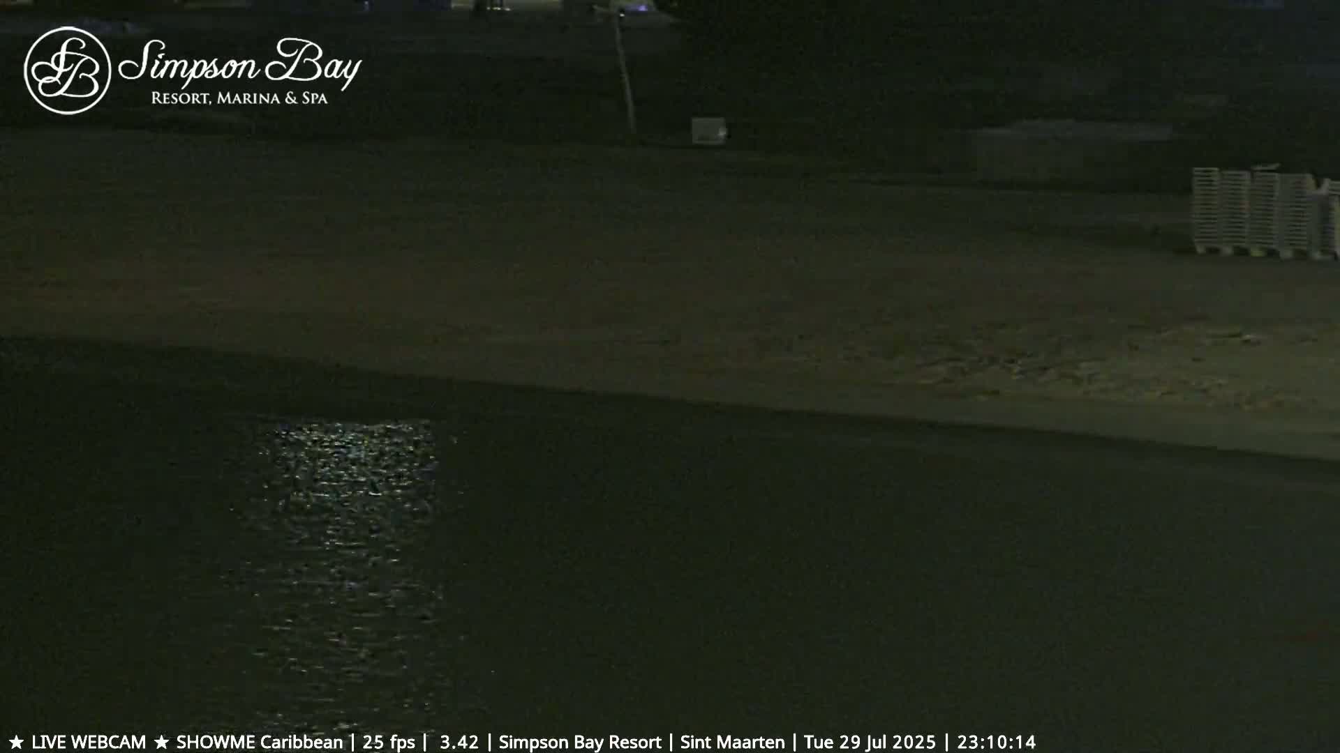 A dark, blurry image shows a body of water at night.