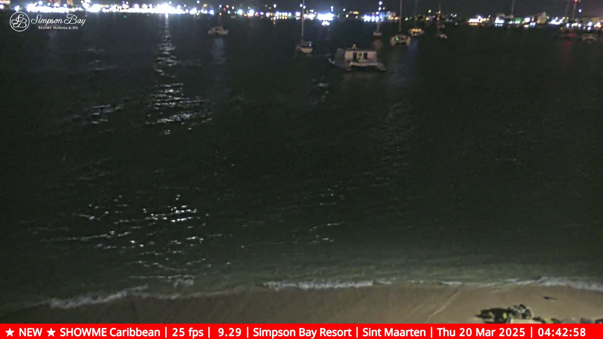 A dark, nighttime view of a calm body of water with several boats moored in the distance, gently lapping waves on a sandy shore in the foreground.