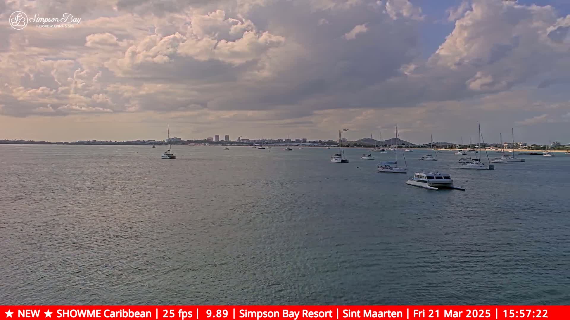 Numerous sailboats and motorboats are moored in calm waters under a partly cloudy sky.