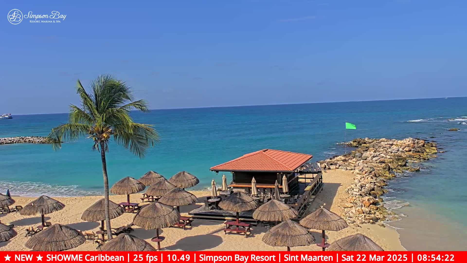 A sandy beach with turquoise water, palm trees, thatched umbrellas, and a small beachfront bar is shown on a sunny day.