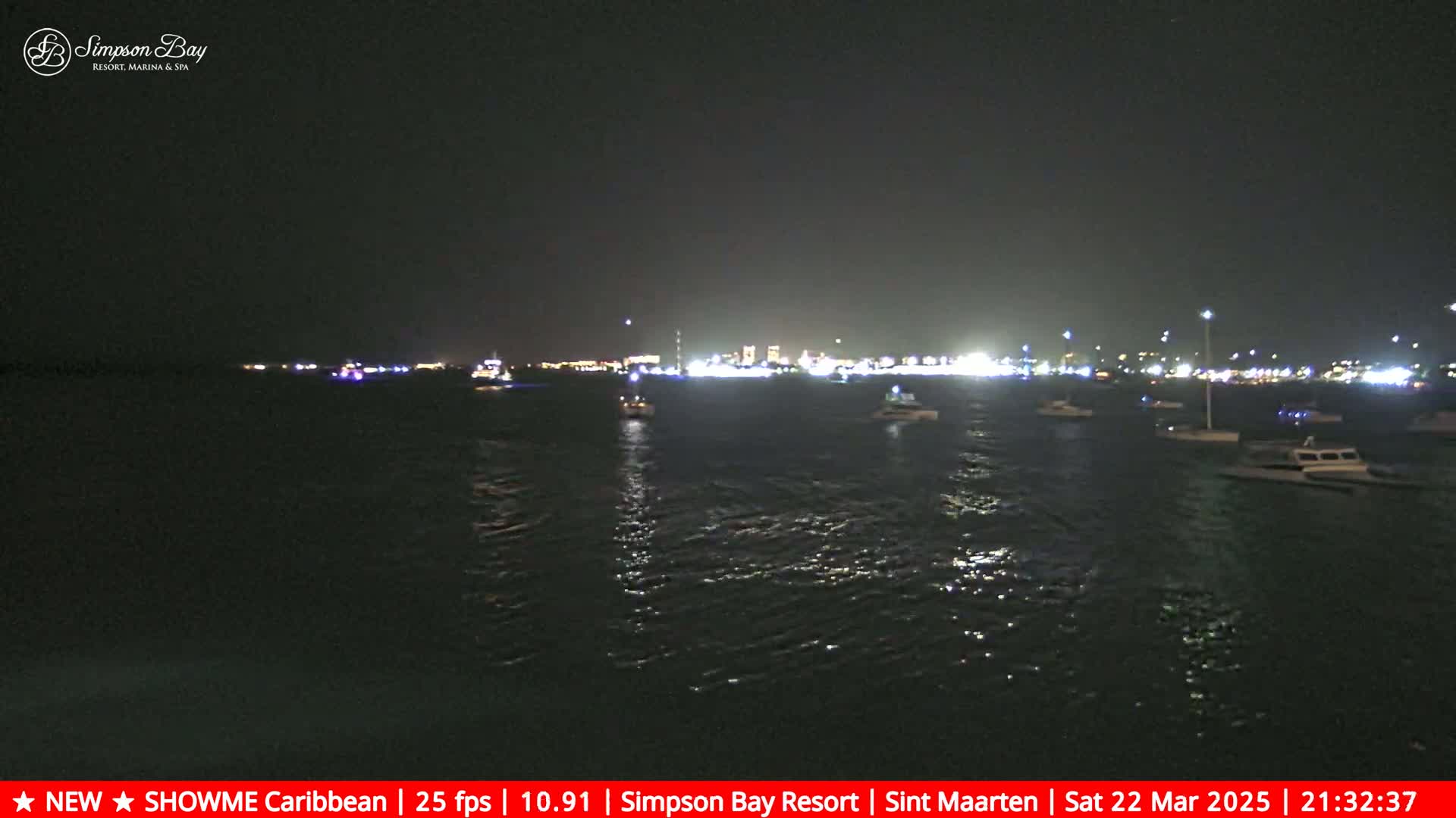 Several boats are moored in dark water at night, with a brightly lit city skyline visible in the distance.