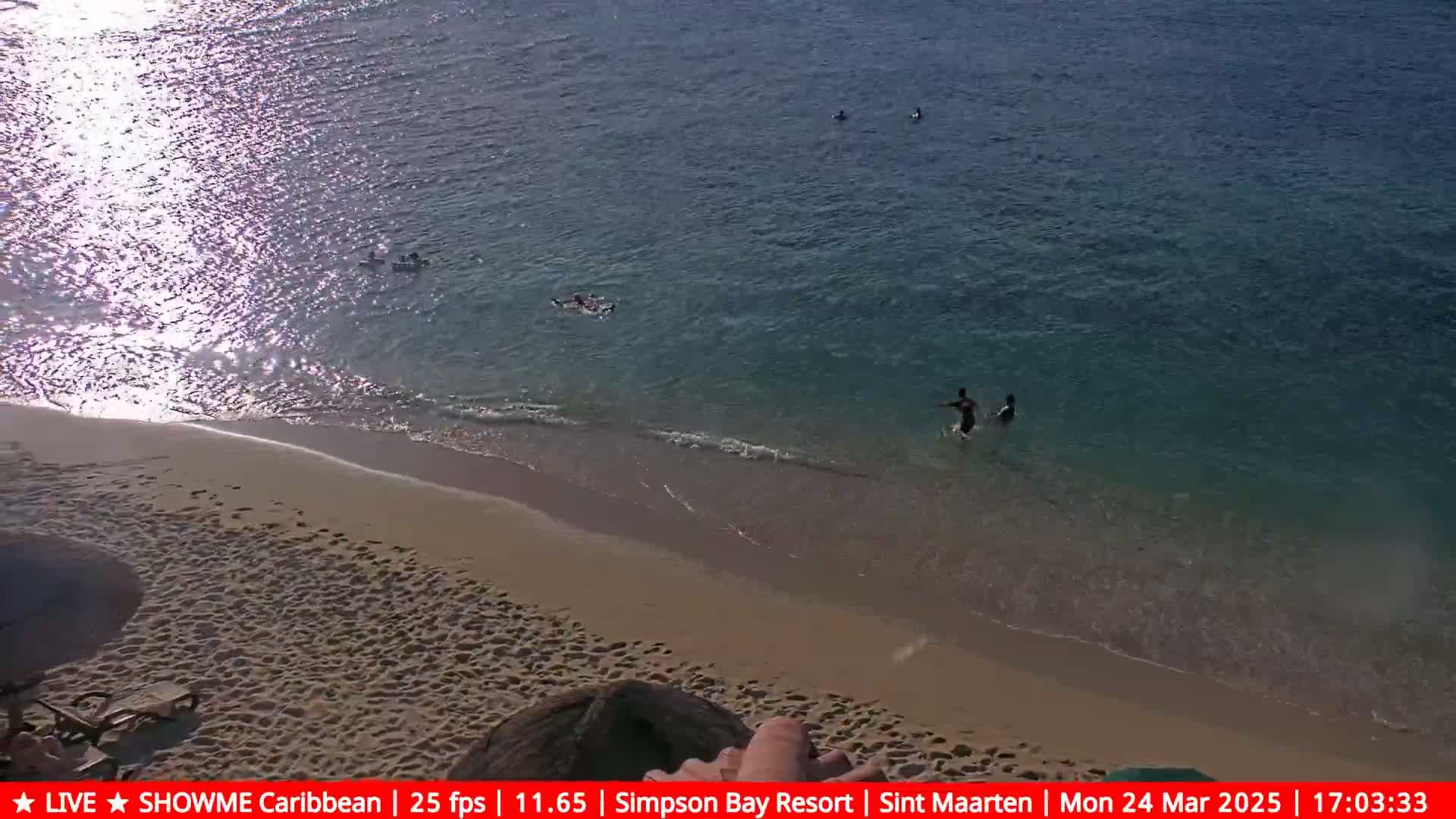 A sandy beach meets a calm, sunlit ocean where several people swim.