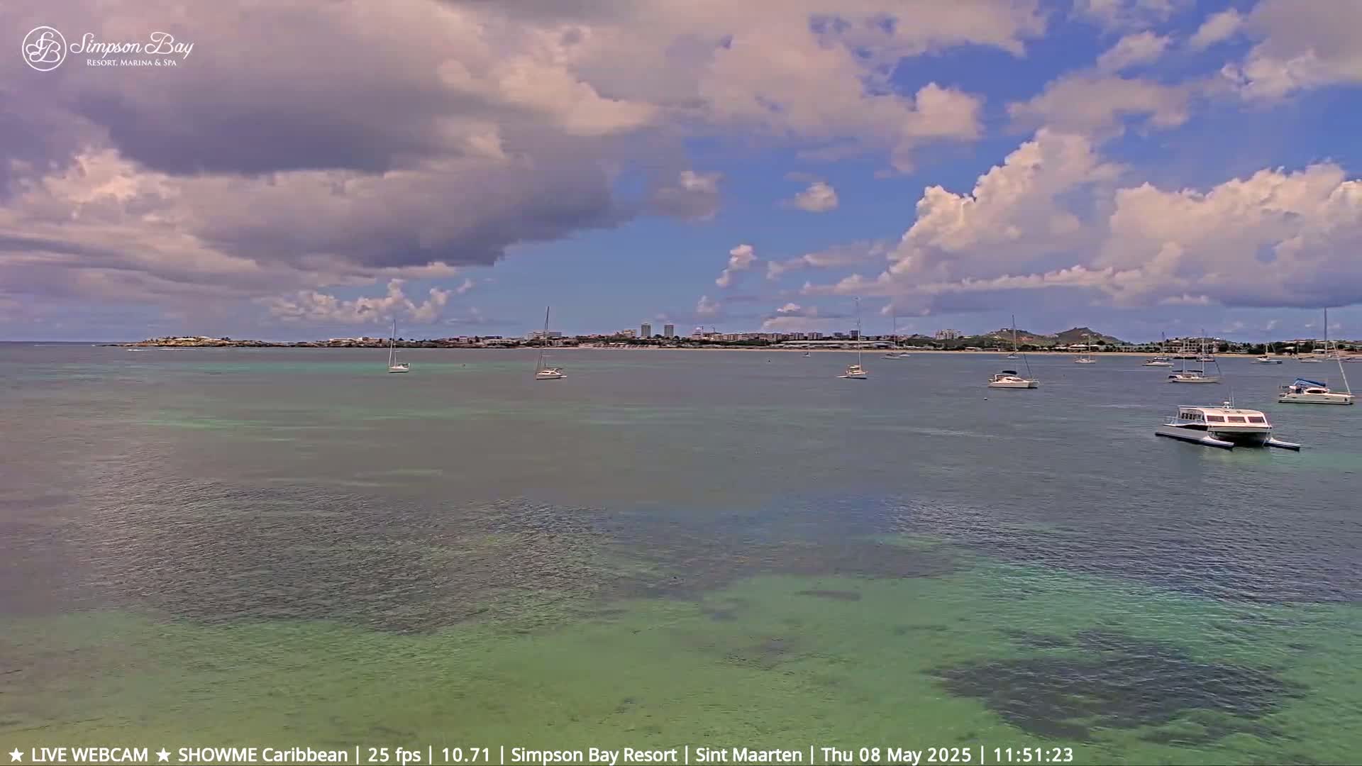 A partly cloudy day shows numerous boats in a calm, shallow, teal-colored bay with a distant cityscape visible on the horizon.