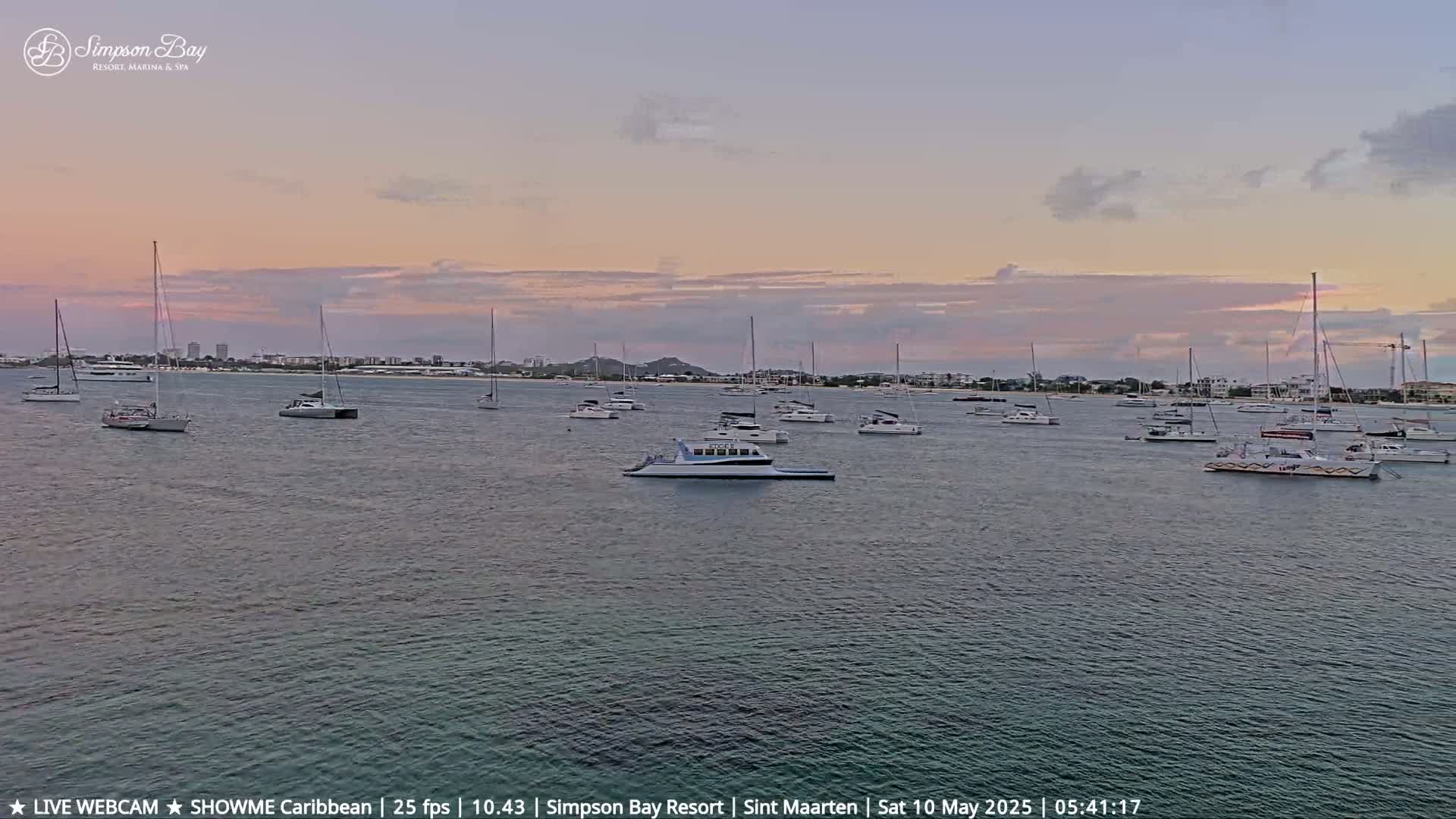 Numerous sailboats and motorboats are anchored in calm water under a pale pink and lavender sunset.