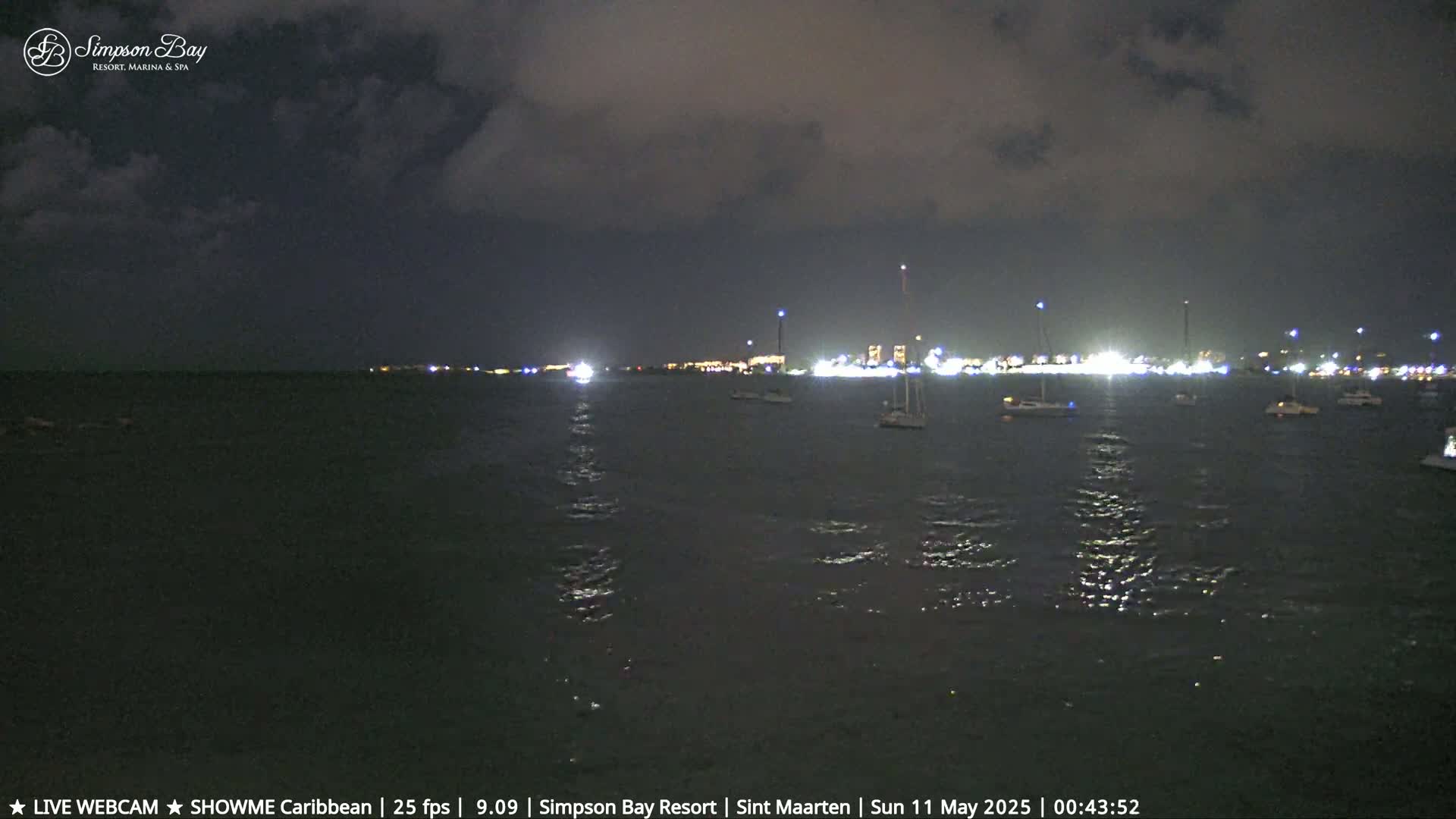 At night, under a dark, cloudy sky, several boats are moored in a bay, with lights illuminating the shoreline in the distance.