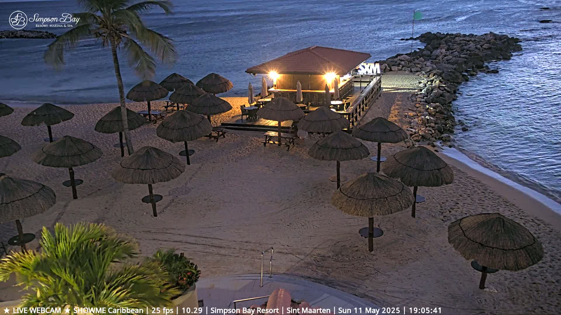 A beach bar with numerous thatched umbrellas is illuminated at night on a sandy beach next to calm, dark water.