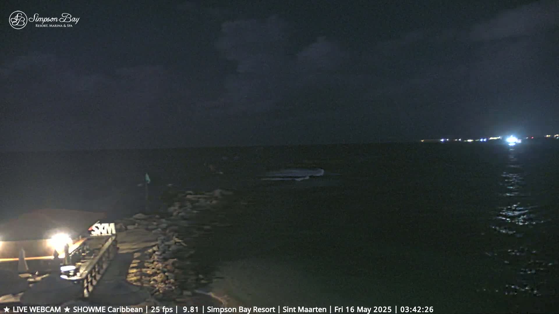 A nighttime view of a dark ocean with a rocky shore and distant lights under a partly cloudy sky.
