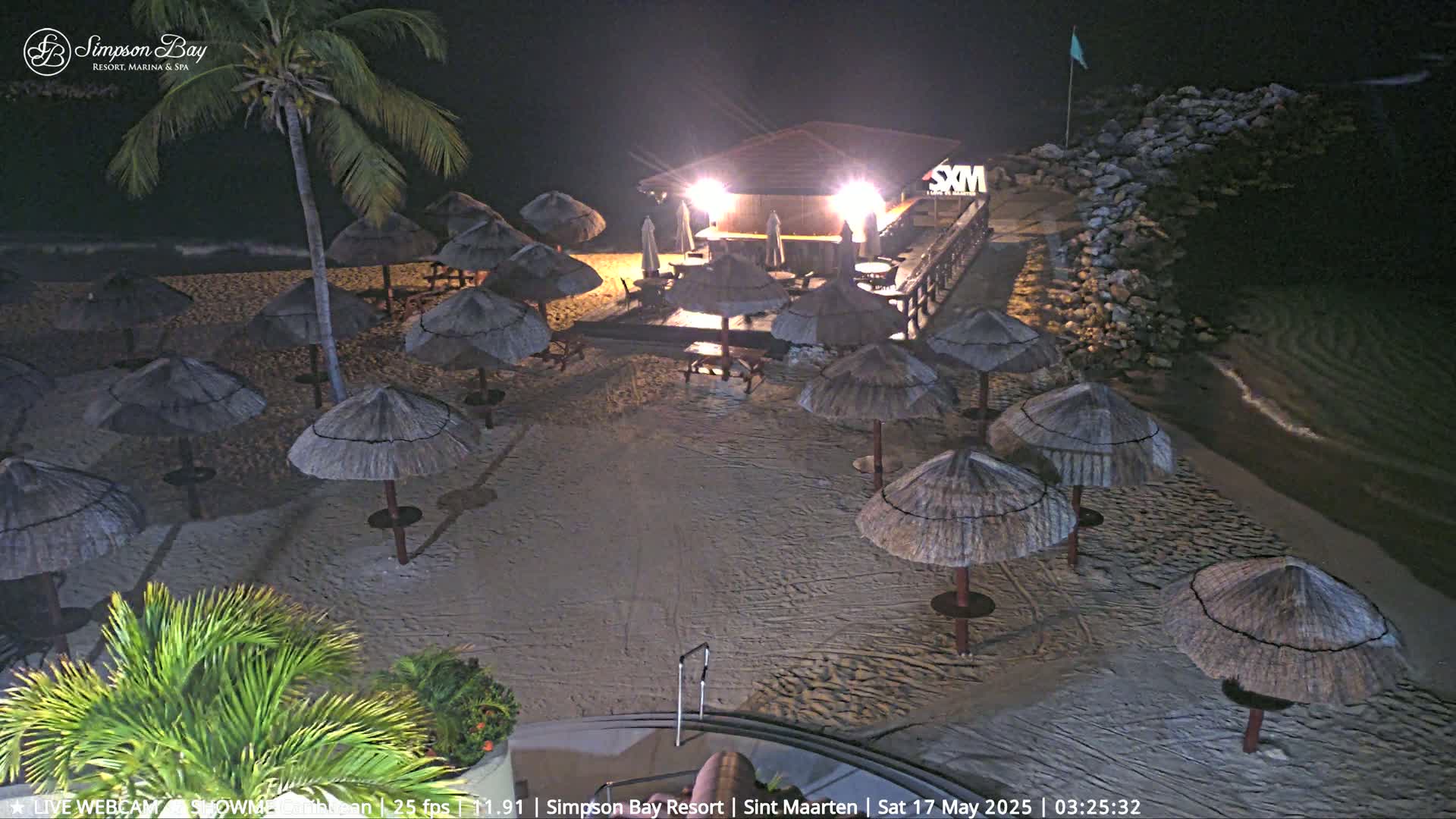 A nighttime beach scene shows a sandy shore lined with numerous thatched umbrellas surrounding a lit beachfront bar under a clear, dark sky.