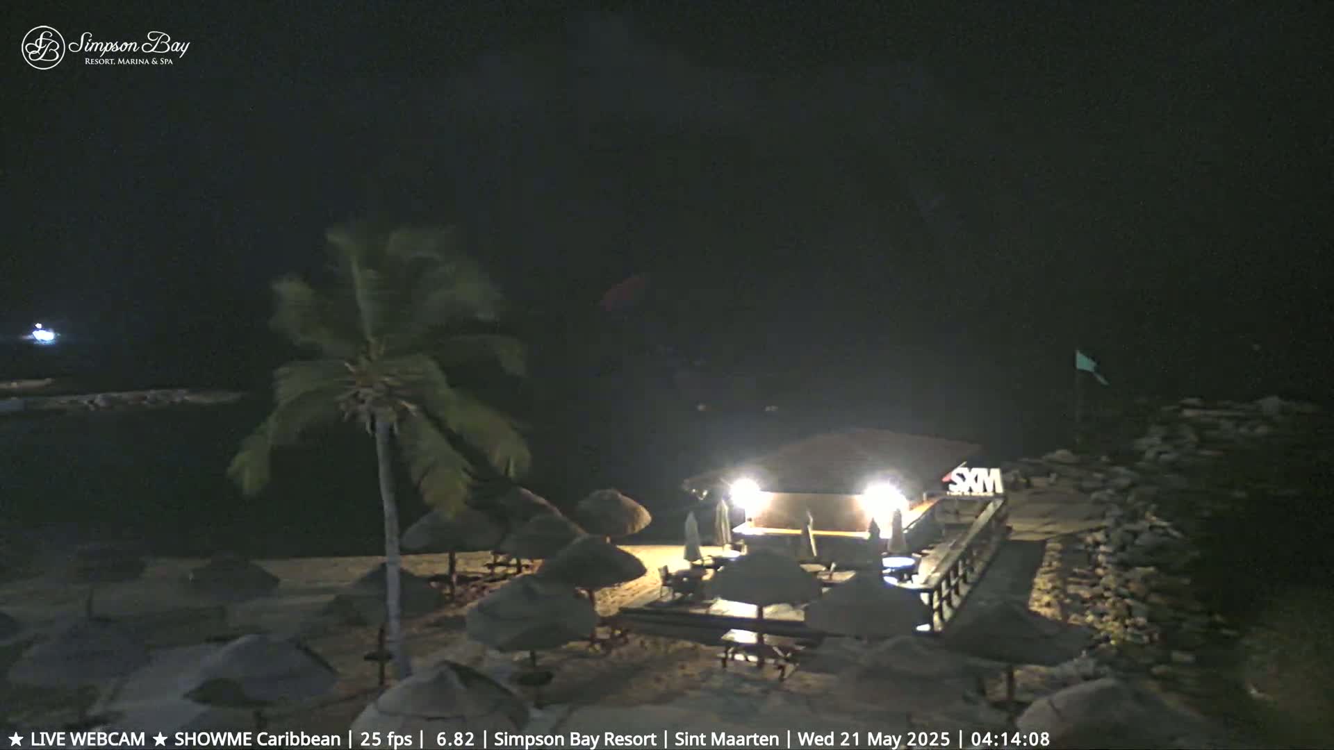 A nighttime beach scene shows a bar with lights on, several closed umbrellas, a palm tree, and a rocky shoreline under a dark, clear sky.
