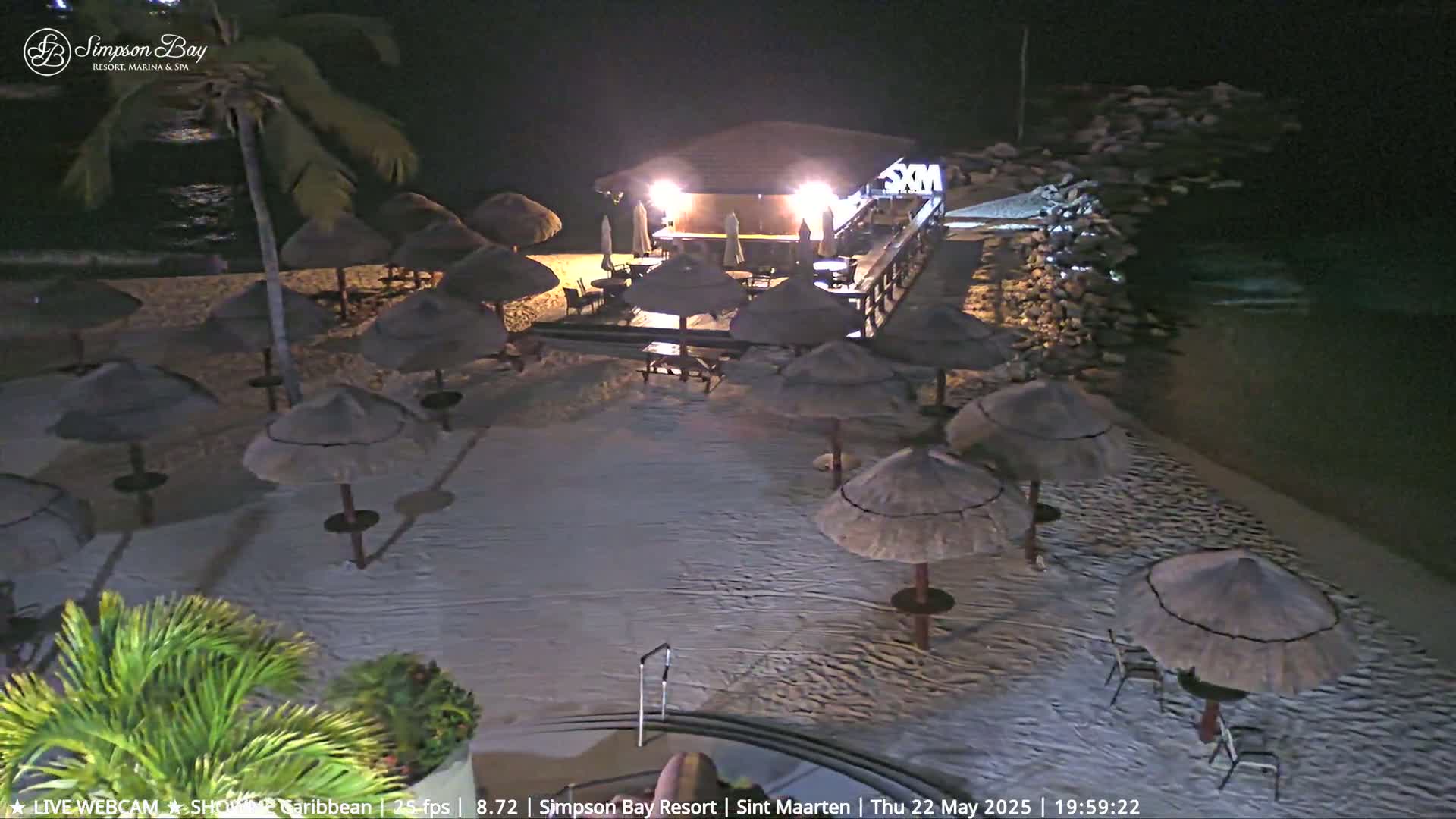 A nighttime beach scene shows a lit beachfront bar and numerous thatched umbrellas surrounding small tables on a sandy beach next to calm water.