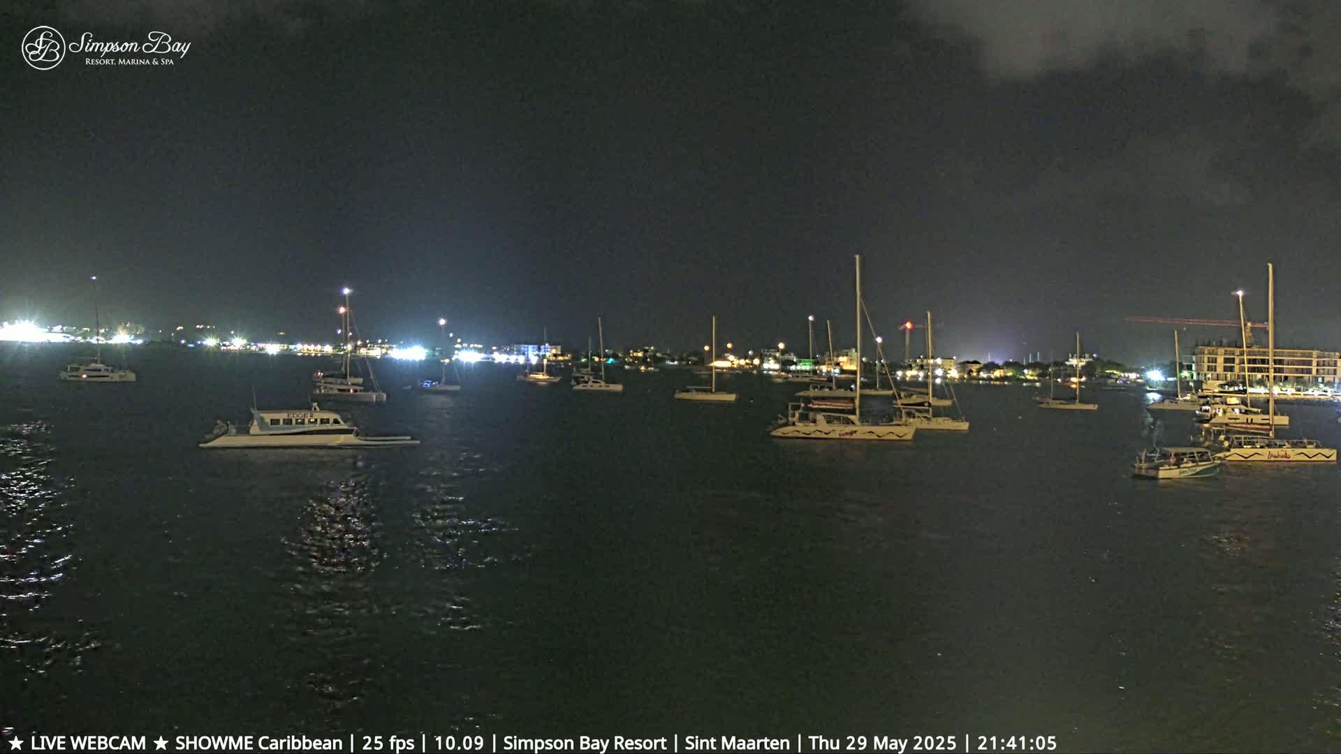 Many boats are moored in a dark body of water at night under a cloudy sky.
